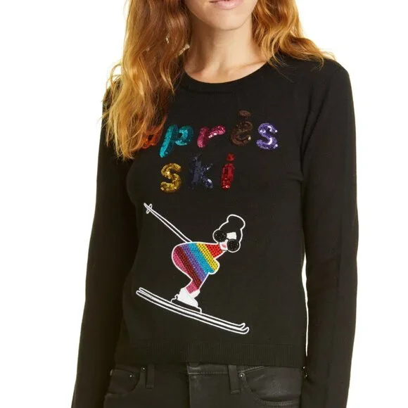 Alice and Olivia Connie Embellished Black Sweater Sequin Apres Ski Small - Picture 2 of 8